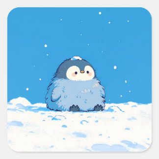 Pegatina Cuadrada Fluffy Penguin Sitting in Winter Snow