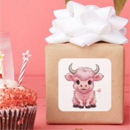 Pegatina Cuadrada Fluffy Pink Highlands Scottish Cow