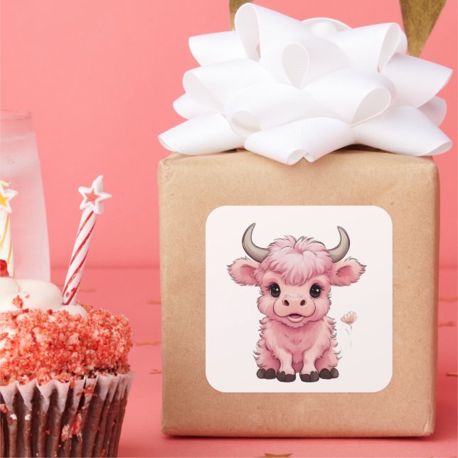 Pegatina Cuadrada Fluffy Pink Highlands Scottish Cow (Fiesta)