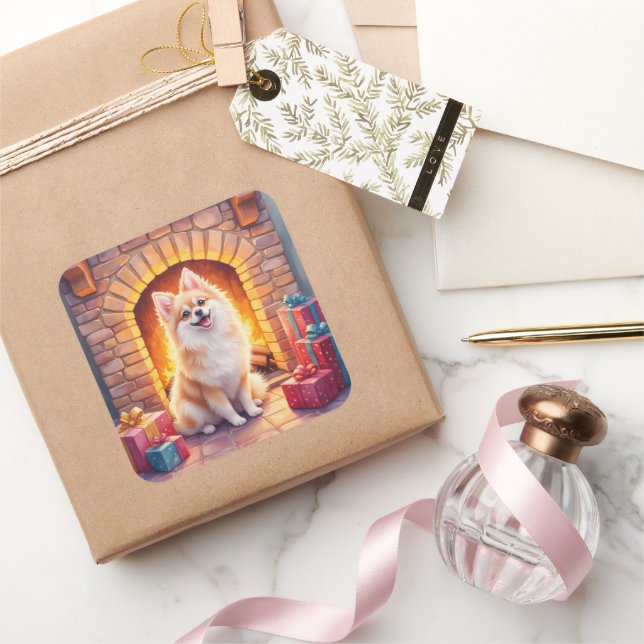 Pegatina Cuadrada Fluffy Pomeranian Cozy Christmas Fireplace Dog Art (Regalar)