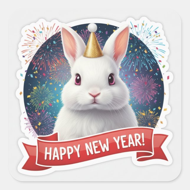 Pegatina Cuadrada Fluffy Rabbit New Year Sticker (Anverso)