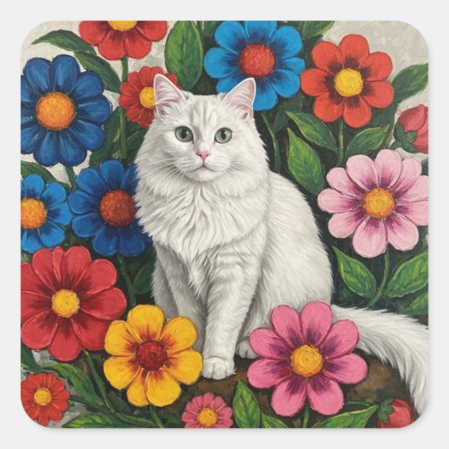 Pegatina Cuadrada Fluffy White Cat and Folk Art Flowers (Anverso)