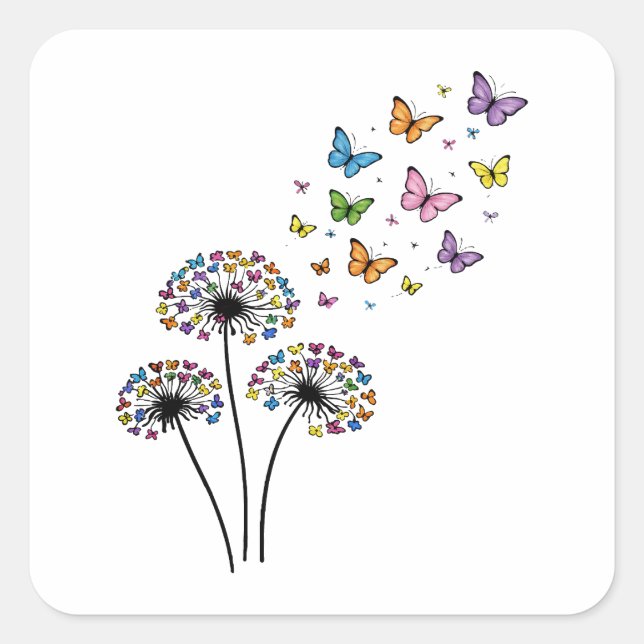 Pegatina Cuadrada Flujo de mariposas de diente de león (Anverso)