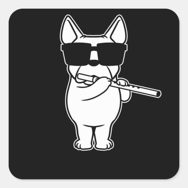 Pegatina Cuadrada Flutist Flute Player Dog With Flute (Anverso)