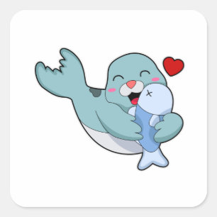 Pegatina Cuadrada Foca con pez