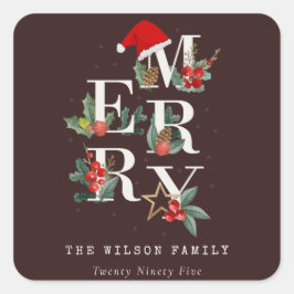 Pegatina Cuadrada Foliación marrón verde verde blanco merry navideño