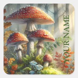 Pegatina Cuadrada Foliage Amanita Mushroom en el bosque mágico perso