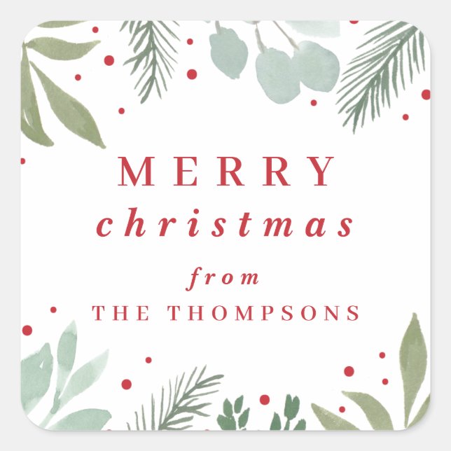 Pegatina Cuadrada Foliage de invierno de Morerry Christmas Watercolo (Anverso)