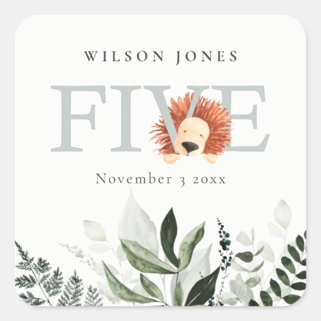 Pegatina Cuadrada Foliage de León Cute Boho 5º cumpleaños (Anverso)