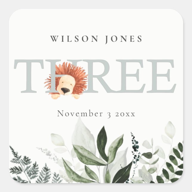 Pegatina Cuadrada Foliage del León del Boho Tercer Cumpleaños (Anverso)