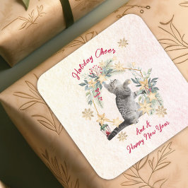 Pegatina Cuadrada Foliage Gold Snowflakes Cat Navidades de Año Nuevo