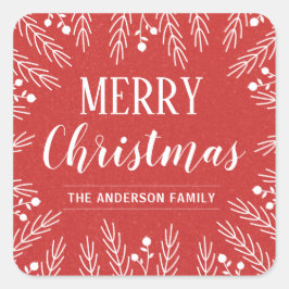 Pegatina Cuadrada Foliage rojo y blanco personalizado Feliz Navidad