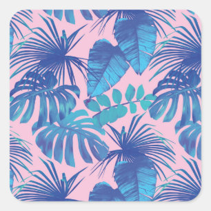 Pegatina Cuadrada Foliage tropical rosa y azul personalizado