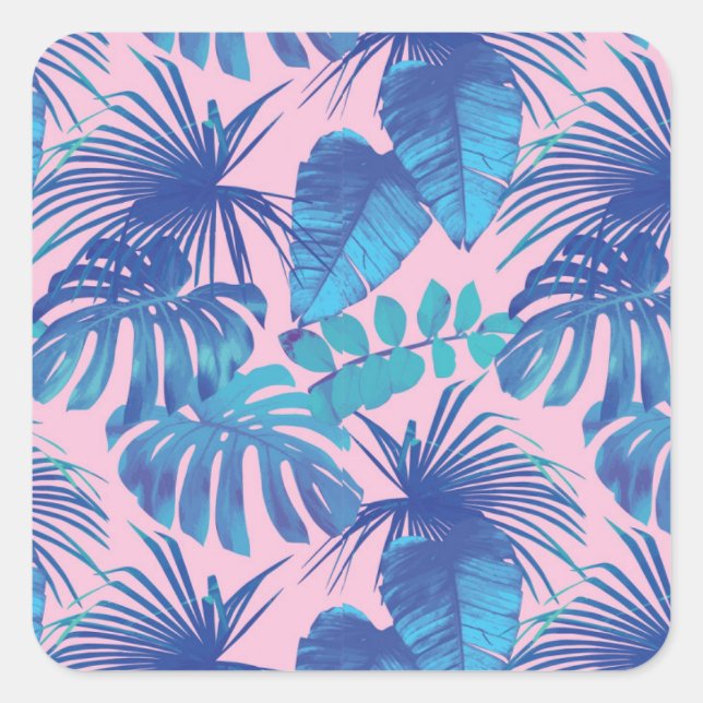 Pegatina Cuadrada Foliage tropical rosa y azul personalizado (Anverso)