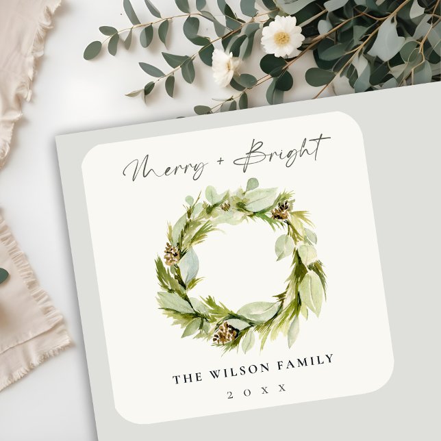 Pegatina Cuadrada Foliage Winter Wreath Merry & Bright Navidades (Subido por el creador)