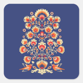 Pegatina Cuadrada 💙 💛 🧡 Folklore con flores y pájaros amarillos