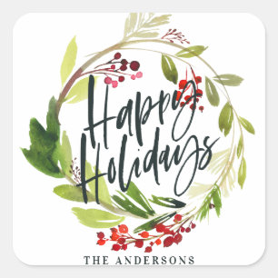 Pegatina Cuadrada Follaje de la acuarela de las Felices Navidad
