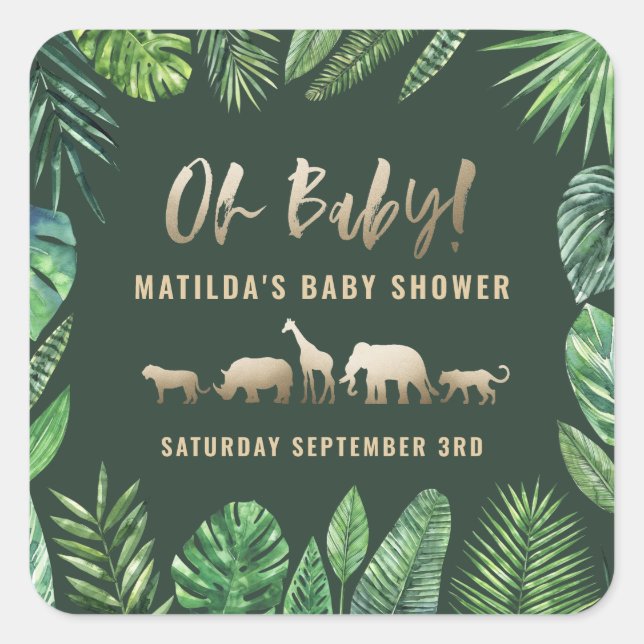 Pegatina Cuadrada Follaje tropical + animales dorados fiesta de duch (Anverso)