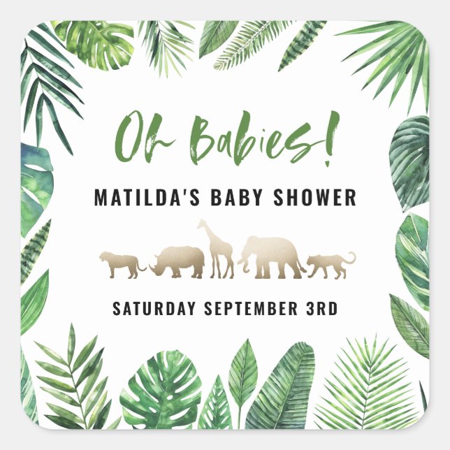 Pegatina Cuadrada Follaje tropical + animales dorados fiesta de duch (Anverso)