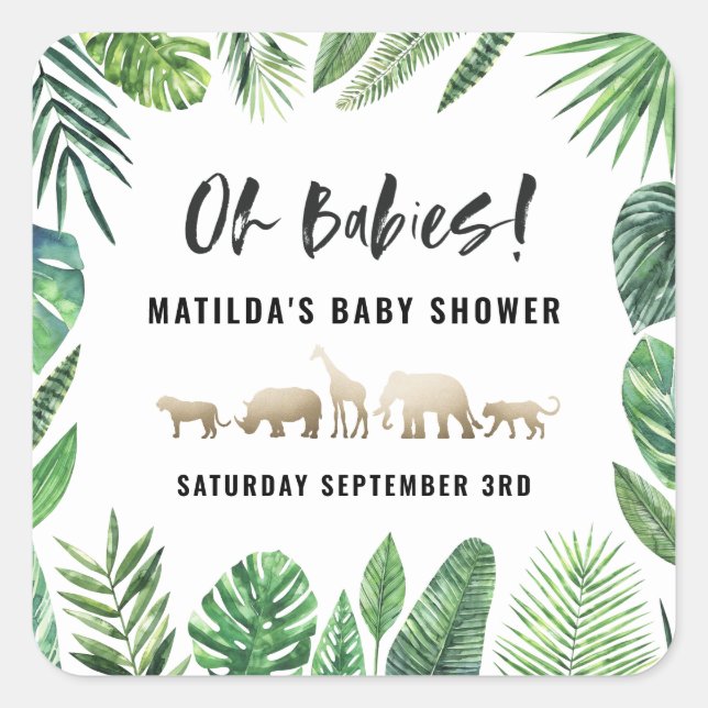 Pegatina Cuadrada Follaje tropical + animales dorados fiesta de duch (Anverso)