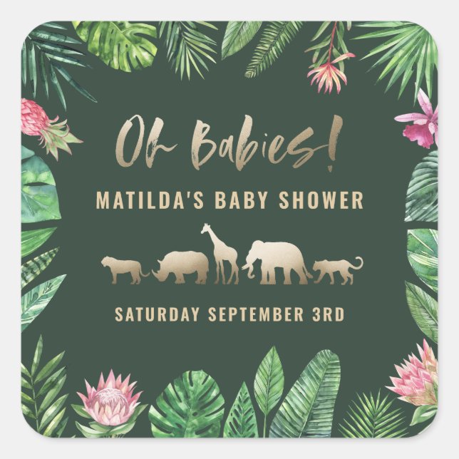 Pegatina Cuadrada Follaje tropical + animales dorados fiesta de duch (Anverso)