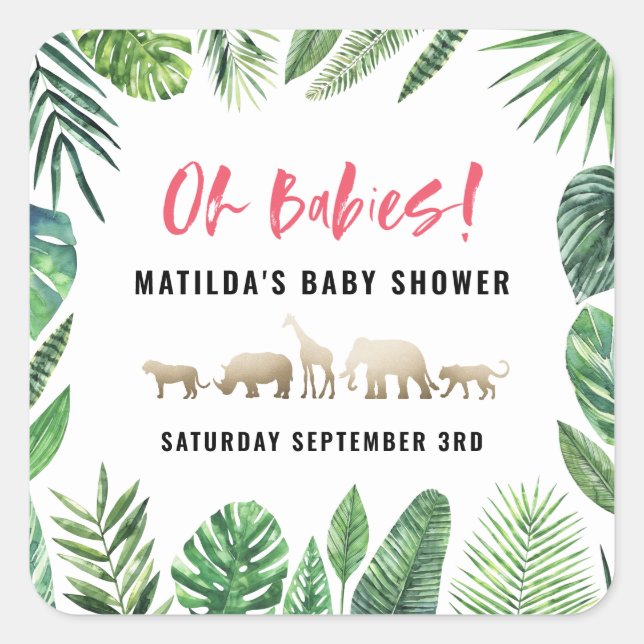 Pegatina Cuadrada Follaje tropical + animales dorados fiesta de duch (Anverso)