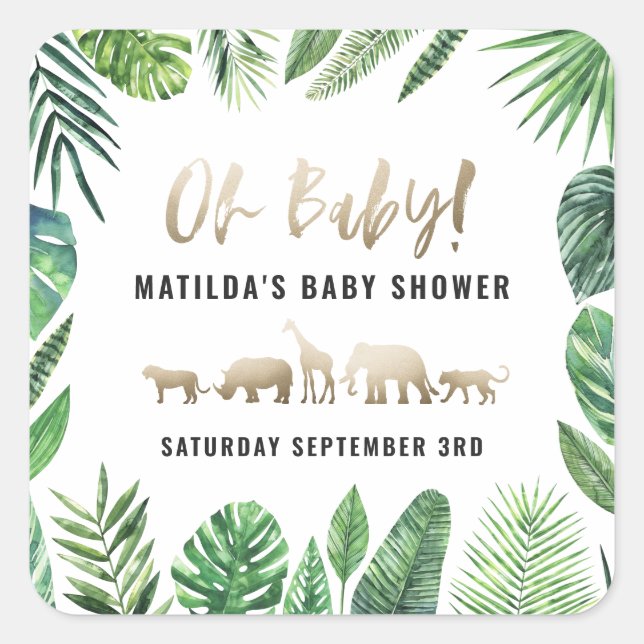 Pegatina Cuadrada Follaje tropical + animales dorados fiesta de duch (Anverso)