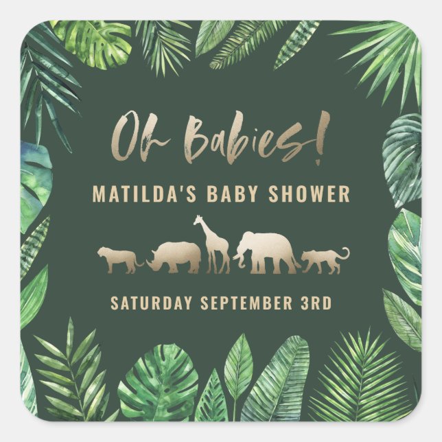 Pegatina Cuadrada Follaje tropical + animales dorados fiesta de duch (Anverso)