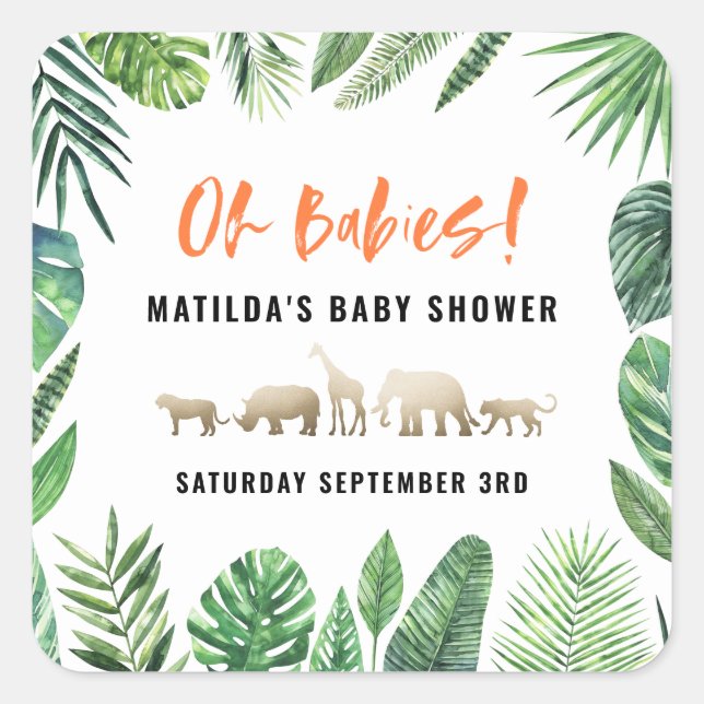 Pegatina Cuadrada Follaje tropical + animales dorados fiesta de duch (Anverso)