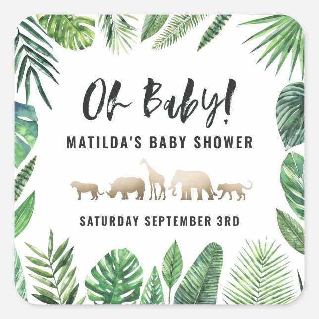 Pegatina Cuadrada Follaje tropical + animales dorados fiesta de duch (Anverso)