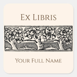 Pegatina Cuadrada Folleto de árboles medievales ex libris, editable