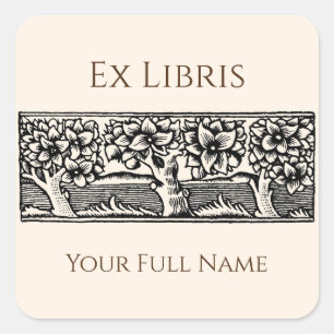 Pegatina Cuadrada Folleto de árboles medievales ex libris, editable