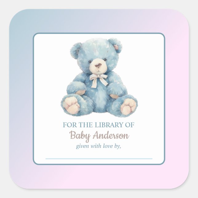 Pegatina Cuadrada Folleto de Baby Shower Cute Blue Teddy Bear (Anverso)
