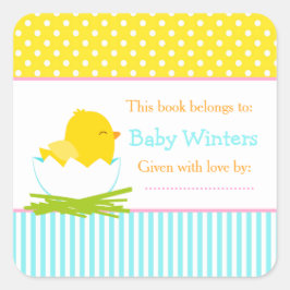 Pegatina Cuadrada Folleto de Baby Shower de Chick azul y amarillo