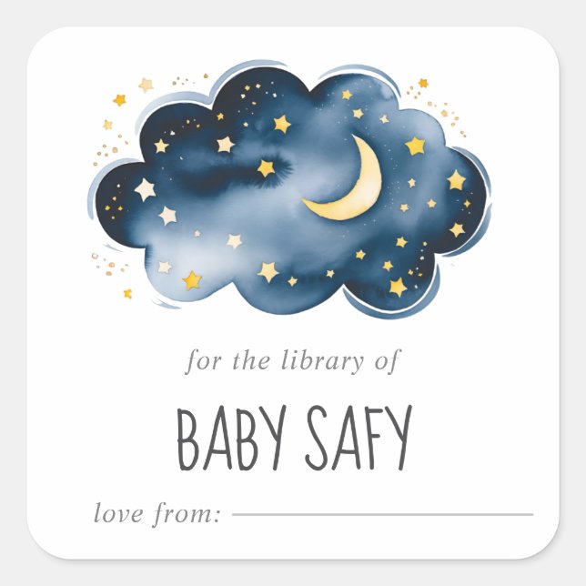Pegatina Cuadrada Folleto de Baby Shower de la Luna y las Estrellas (Anverso)