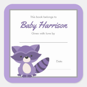 Pegatina Cuadrada Folleto de Baby Shower Purple Raccoon, libro chica