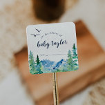 Pegatina Cuadrada Folleto de Baby Shower Rocky Mountain<br><div class="desc">Estos pegatinas rocosos con placa de ducha para bebés de montaña son perfectos para regalar una ducha al aire libre. El diseño presenta un paisaje natural pintado de azul y verde con pinos acuarelas,  pájaros y montañas.</div>