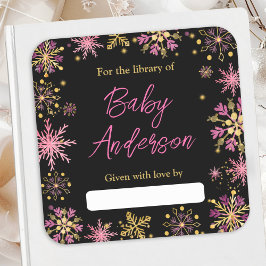 Pegatina Cuadrada Folleto de Baby Shower sobre copos de nieve dorado