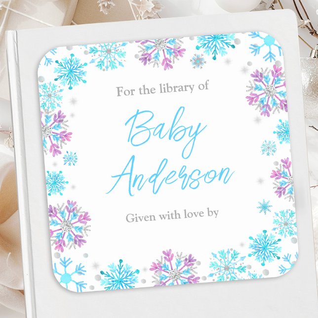 Pegatina Cuadrada Folleto de Baby Shower sobre copos de nieve morado (Subido por el creador)