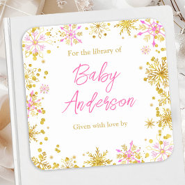Pegatina Cuadrada Folleto de Baby Shower sobre copos de nieve rosado