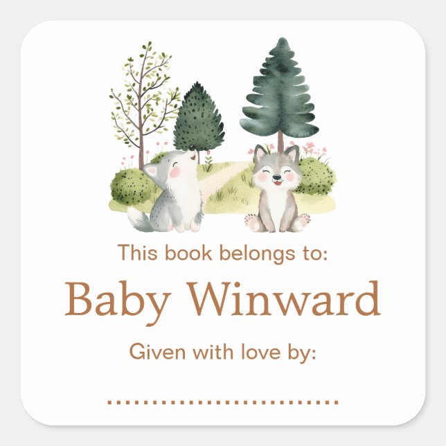 Pegatina Cuadrada Folleto de Baby Shower Woodland Wolf (Anverso)