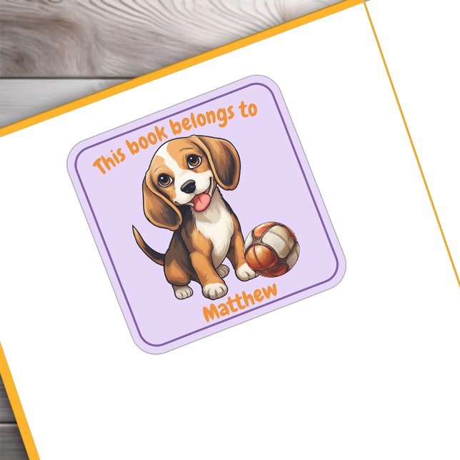 Pegatina Cuadrada Folleto de Beagle Puppy "Este libro pertenece" (Beagle Puppy "This Book Belongs" Personalized Bookplate For Kids)