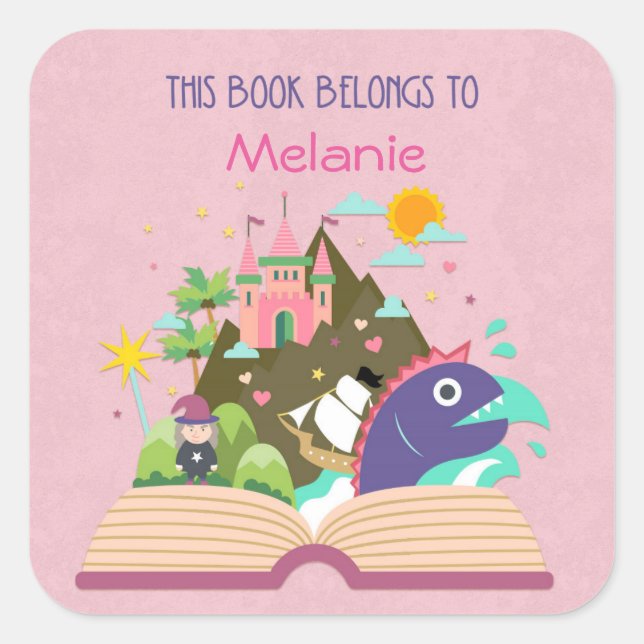 Pegatina Cuadrada Folleto de comercio de hadas, rosa (Anverso)