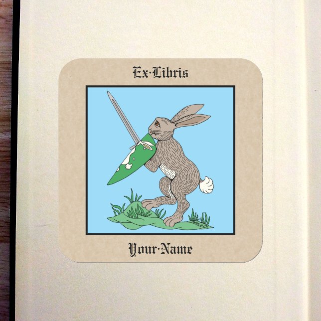 Pegatina Cuadrada Folleto de Conejo de Guerrero Medieval (Medieval Warrior Rabbit Bookplate)