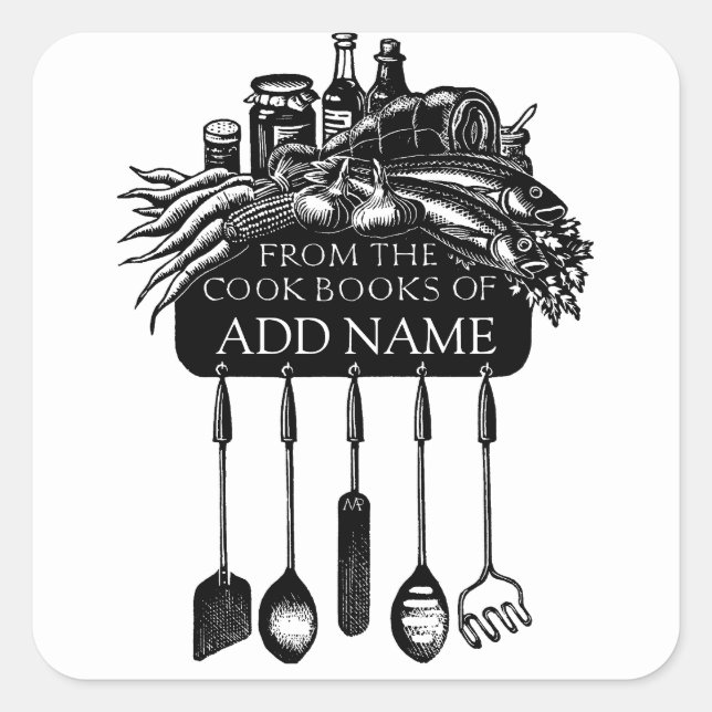 Pegatina Cuadrada Folleto De Cookbook Con Comida Y Utensilios (Anverso)