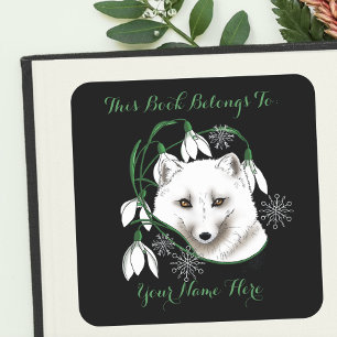 Pegatina Cuadrada Folleto de Fox blanca del Ártico de Art Nouveau
