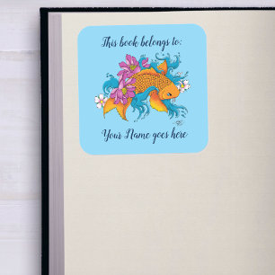 Pegatina Cuadrada Folleto de Koi Fish Lotus Cherry Blossoms