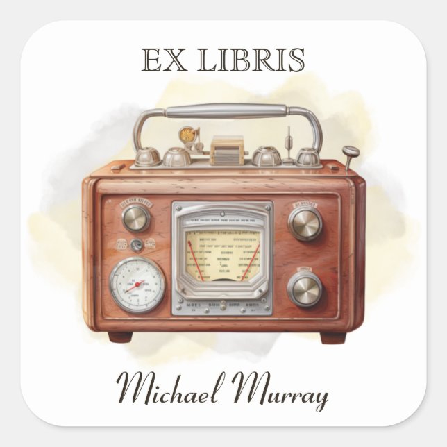 Pegatina Cuadrada Folleto de radio de madera antigua (Anverso)