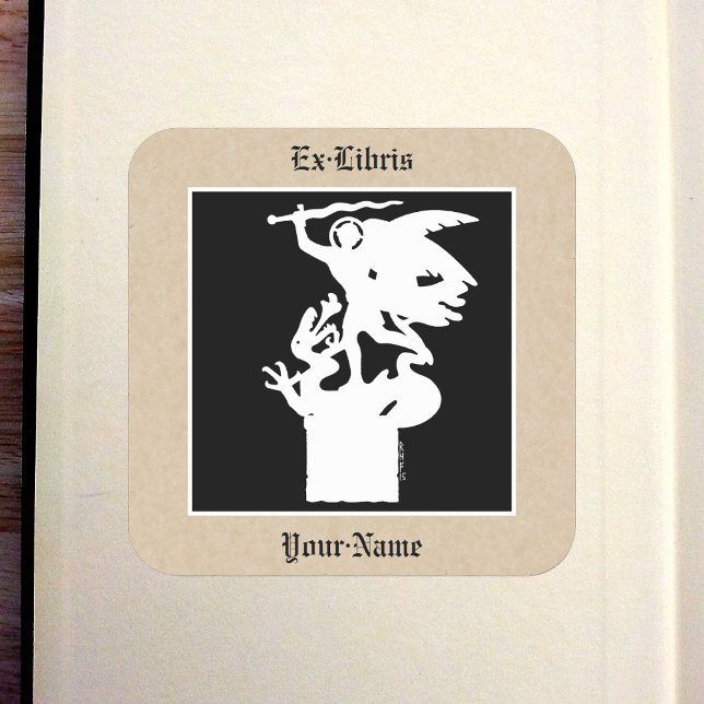 Pegatina Cuadrada Folleto de San Miguel y Dragón (en blanco) (Saint Michael and Dragon (in White) Bookplate in Old Book)