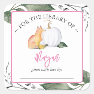 Pegatina Cuadrada Folleto de Woodland Fox Fall Baby Shower Bookplate